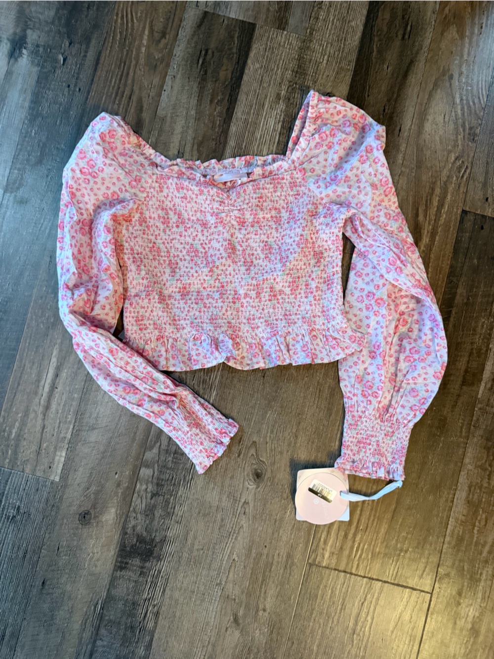 Loveshack Fancy Pink Floral Smocked Top Sz 12 NWT